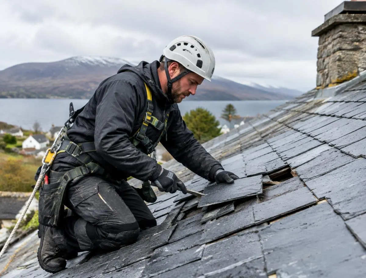 Roofer repairing slates on a pitched roof in Dundee