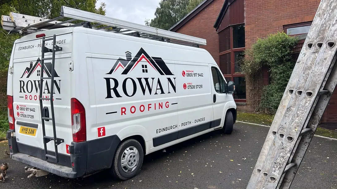 Rowan Roofing branded van serving homeowners across central Scotland